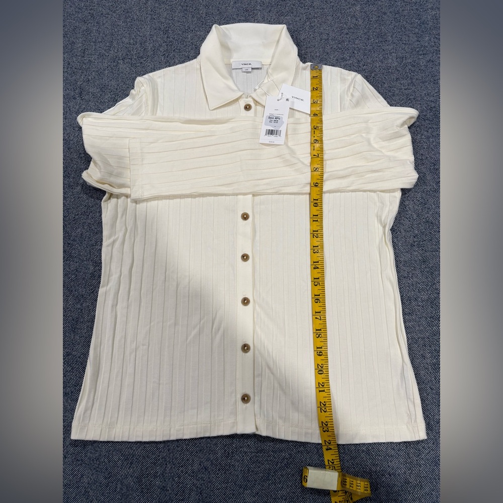 Vince Ribbed Collared Long-Sleeve Button-Front Top | color: vanilla | size: L - Picture 5 of 8